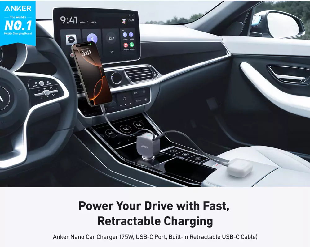 Anker Nano 75W USB-C Car Charger with Built-in Retractable USB-C Cable (A2738)