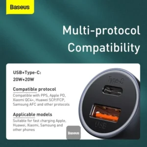 Baseus Golden Contactor Pro QC U+C 40W Car Charger With Type-C to Lightning Cable (TZCCJD-03)