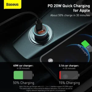 Baseus Golden Contactor Pro QC U+C 40W Car Charger With Type-C to Lightning Cable (TZCCJD-03)