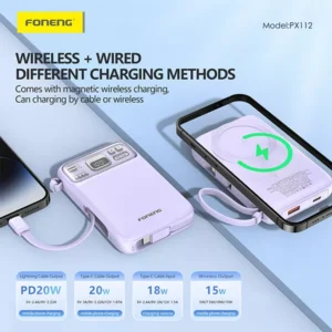 FONENG PX112 10000mAh Mini 22.5W Magnetic Wireless Power Bank with 2 Built-in Cables - Image 4