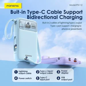 FONENG PX112 10000mAh Mini 22.5W Magnetic Wireless Power Bank with 2 Built-in Cables - Image 5