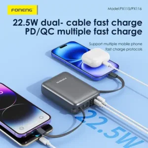 FONENG PX116 20000mAh Mini 22.5W Power Bank with 2 Built-in Cables