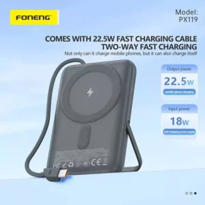 FONENG PX119 10000mAh 22.5W Magnetic Wireless Power Bank with Built-in Cable & Stand