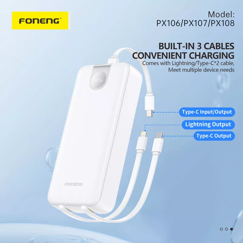 Foneng PX106 10000mAh 22.5W Power Bank with Built-In 3 Cables