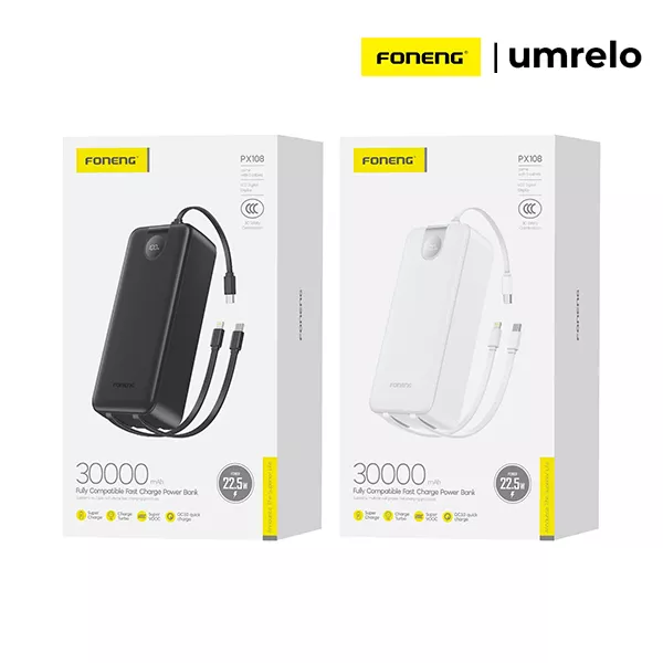 Foneng PX108 30000mAh 22.5W Power Bank with Built-In 3 Cables