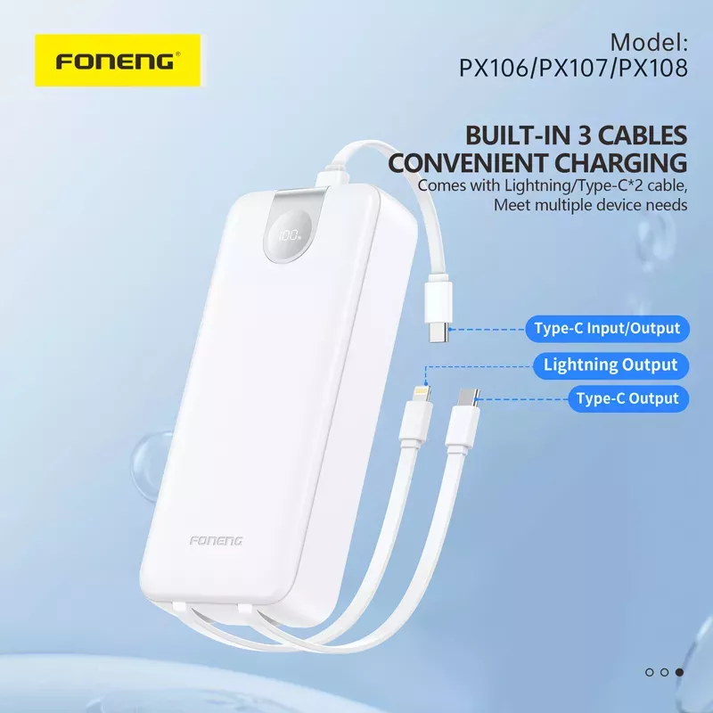 Foneng PX108 30000mAh 22.5W Power Bank with Built-In 3 Cables