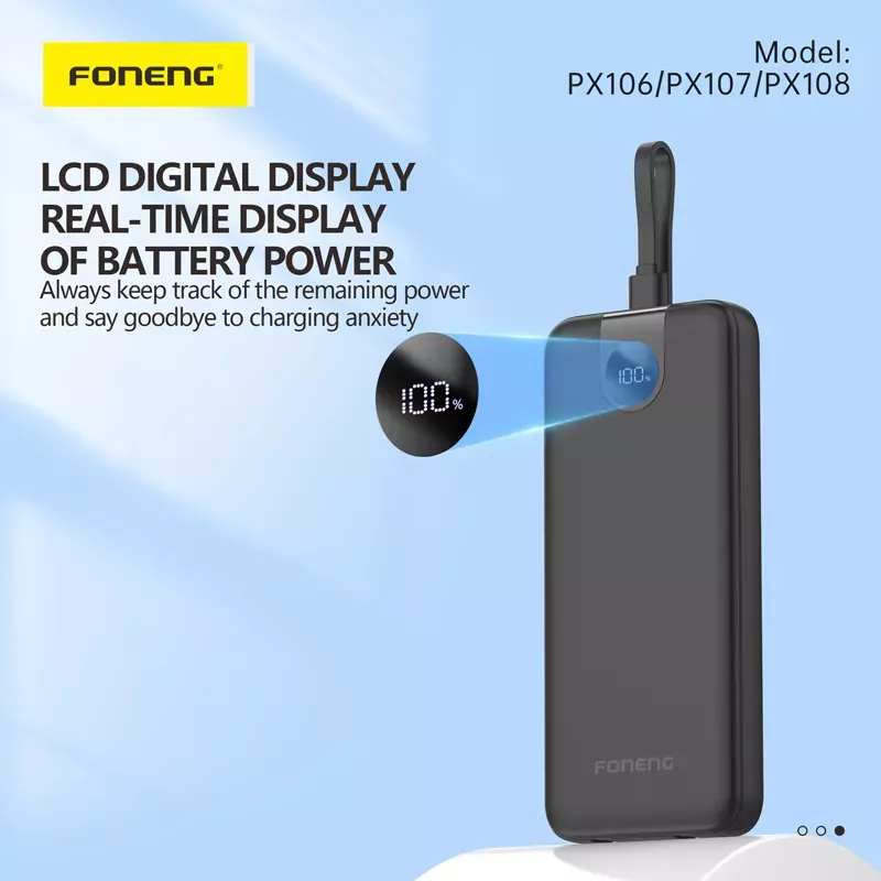 Foneng PX108 30000mAh 22.5W Power Bank with Built-In 3 Cables