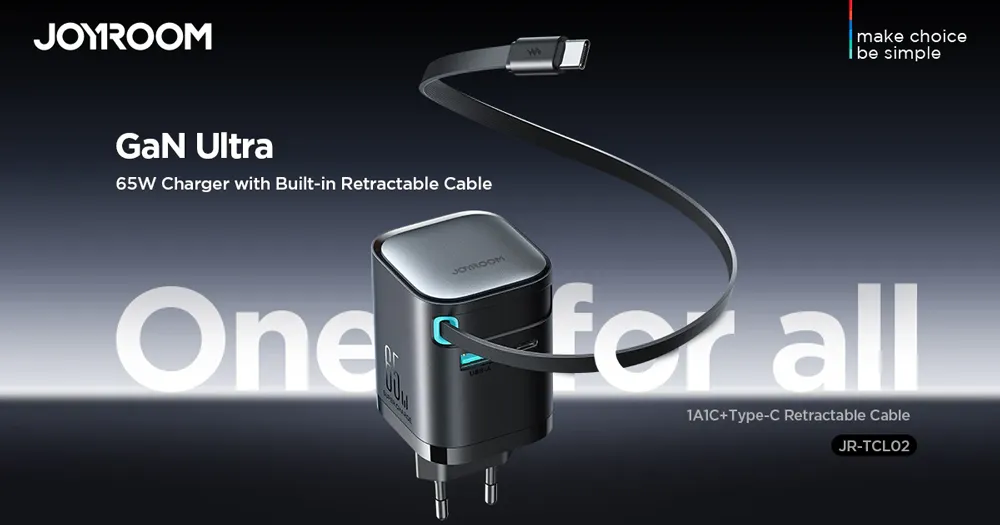 JOYROOM JR-TCL02 GaN 65W Charger with Retractable Cable