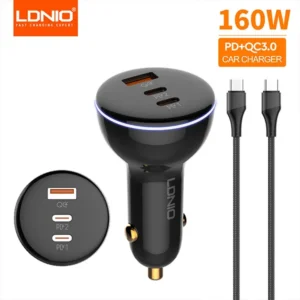 LDNIO C102 160W 3-Port Car Charger with 100W Type-C to Type-C Cable