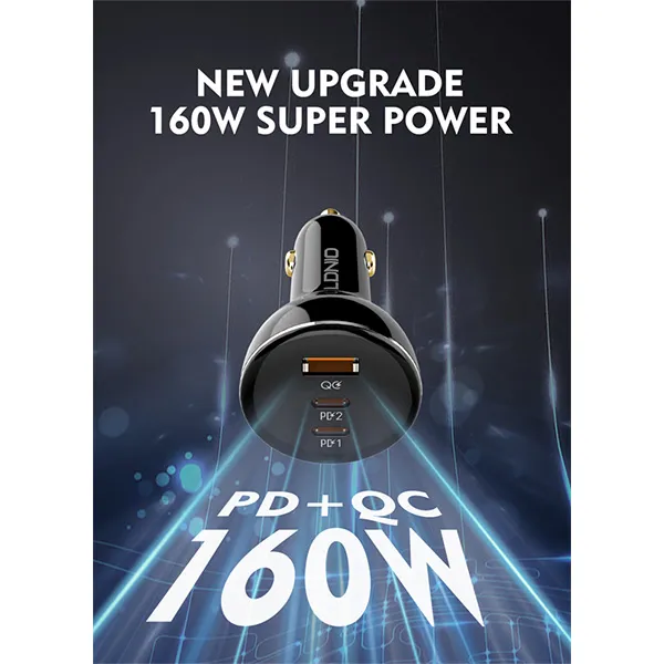 LDNIO C102 160W 3-Port Car Charger with 100W Type-C to Type-C Cable