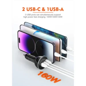 LDNIO C102 160W 3-Port Car Charger with 100W Type-C to Type-C Cable