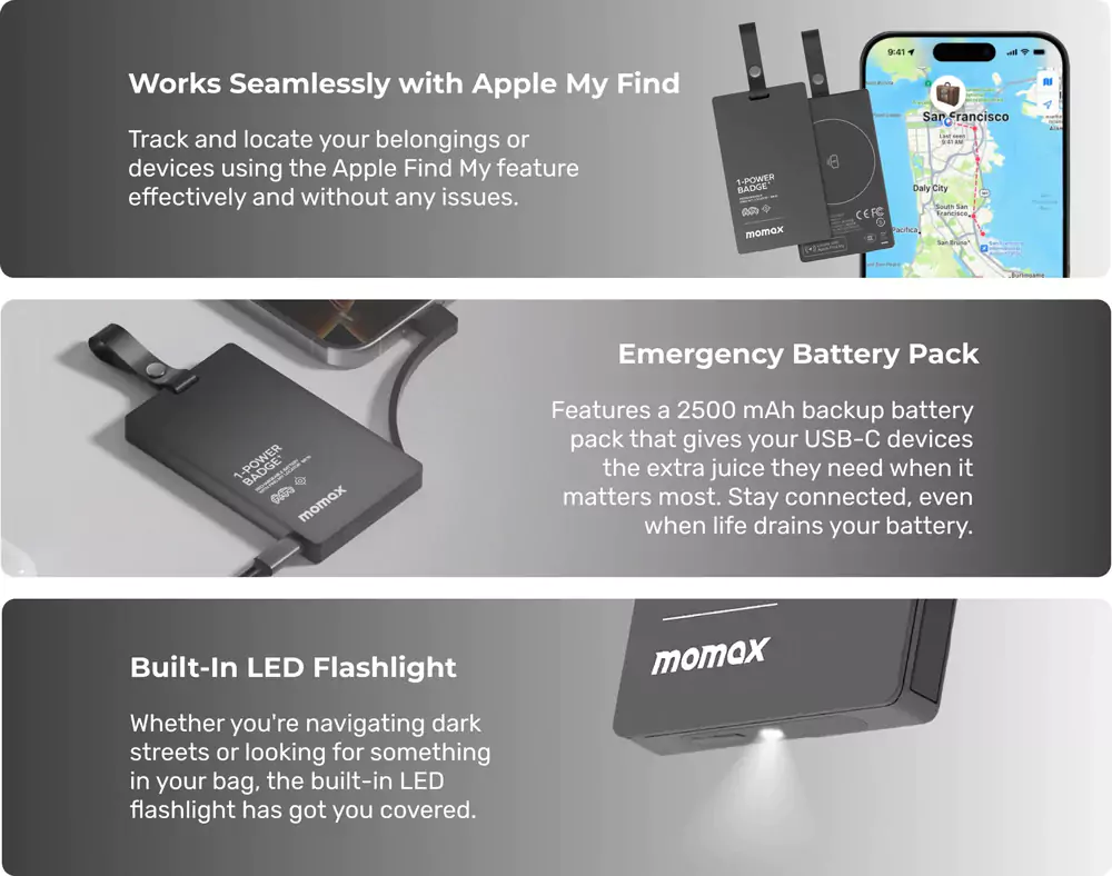MOMAX 1-Power Badge+ 2500mAh Emergency Power Bank With Find My Locator