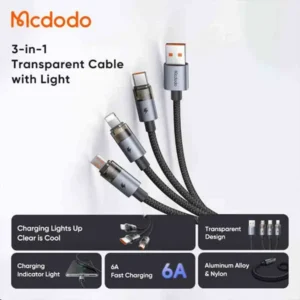 Mcdodo CA-715 3 in 1 6A Transparent Fast Charging Cable with Charging Light
