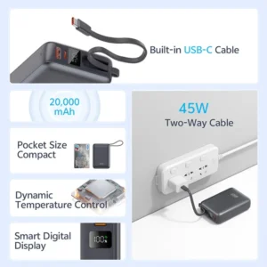 QCY PB20A 20000mAh 45W PD+QC3.0 with Display and Built-in USB-C Cable