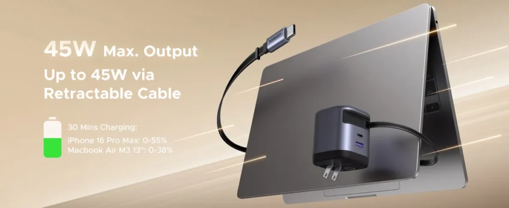 UGREEN 45W GaN Charger with Retractable USB C Cable 2C1A
