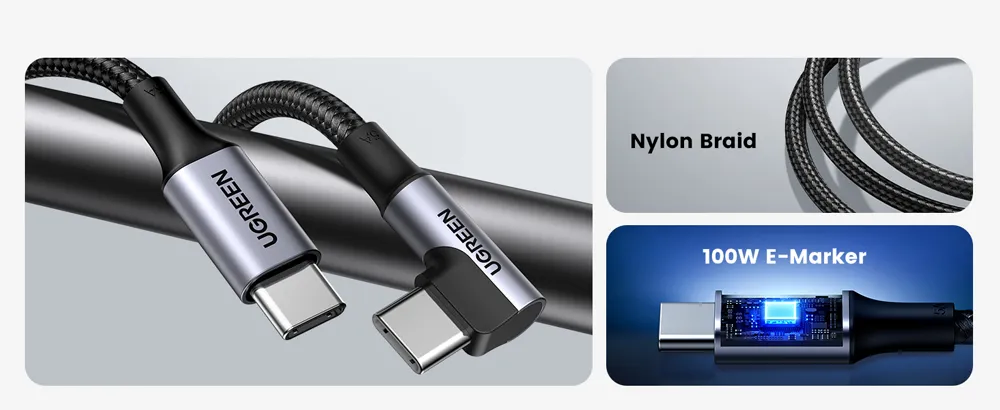 UGREEN US334 100W 90 Degree USB Type-C to Type-C Cable 1M (70643)