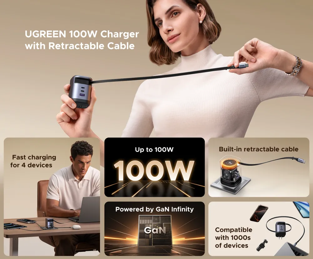 UGREEN Nexode 100W GaN Charger with Retractable USB C Cable - X606