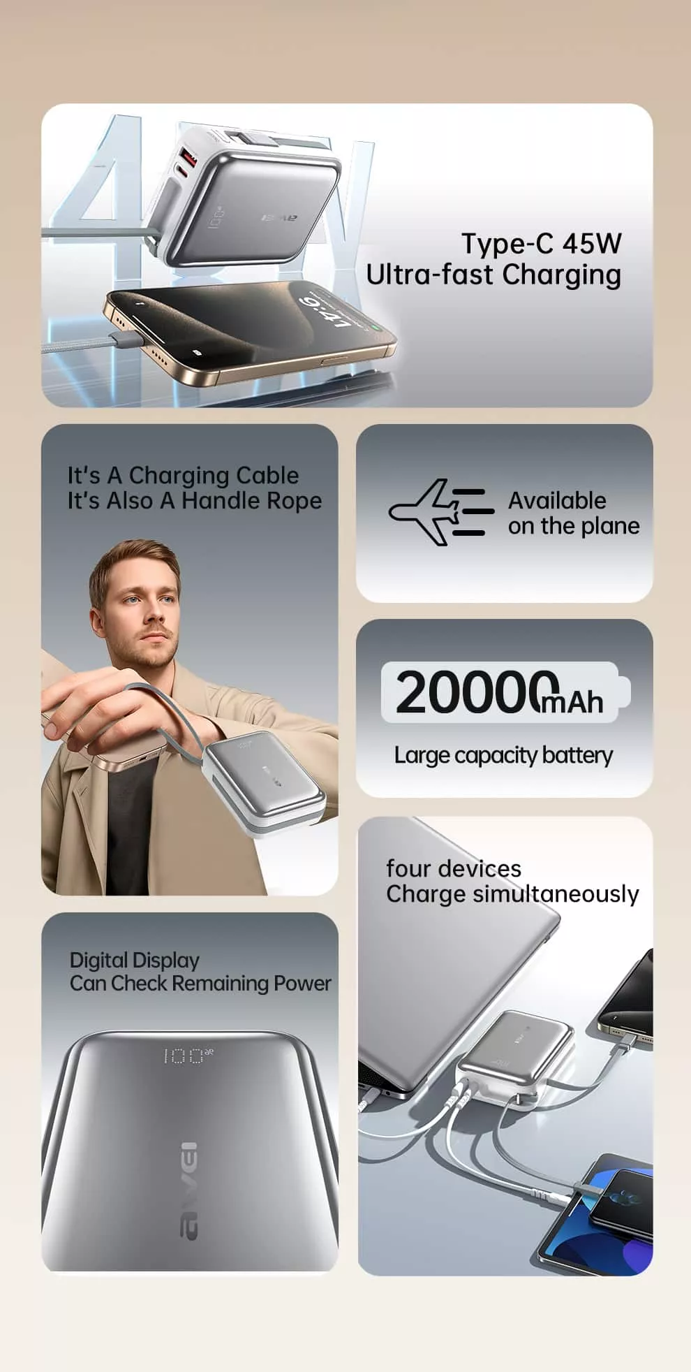 AWEI C03 20000mAh 45W Fast Charging Power Bank