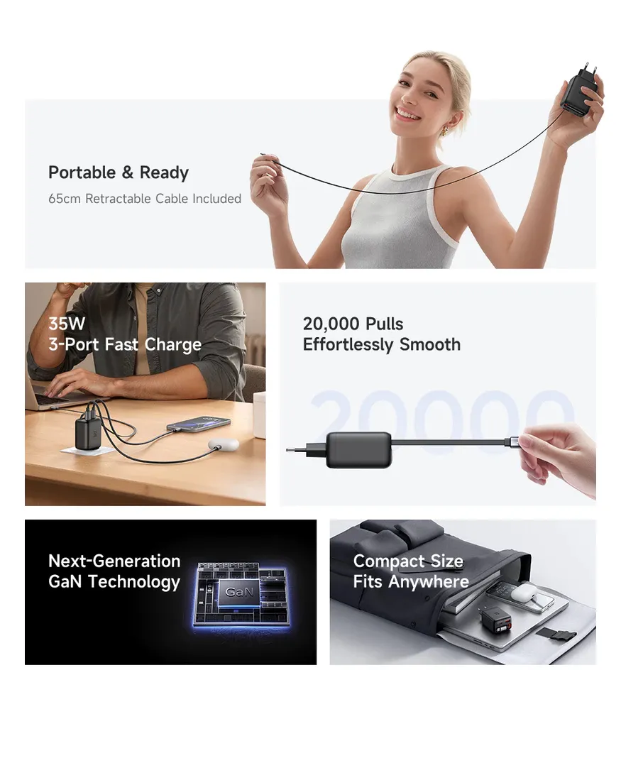 Mcdodo 35W FreeGo GaN Charger with Built-in Retractable Cable