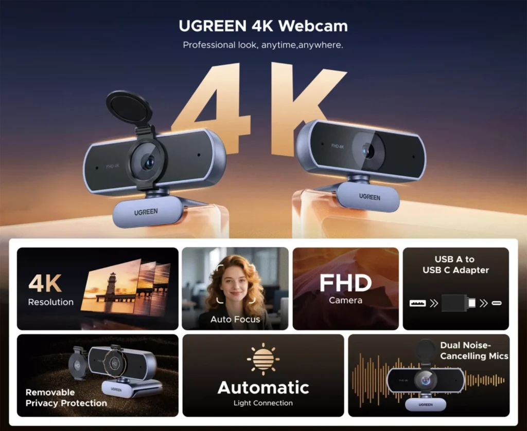 UGREEN CM831 4K 30Hz USB Webcam with USB to Type -C Adapter