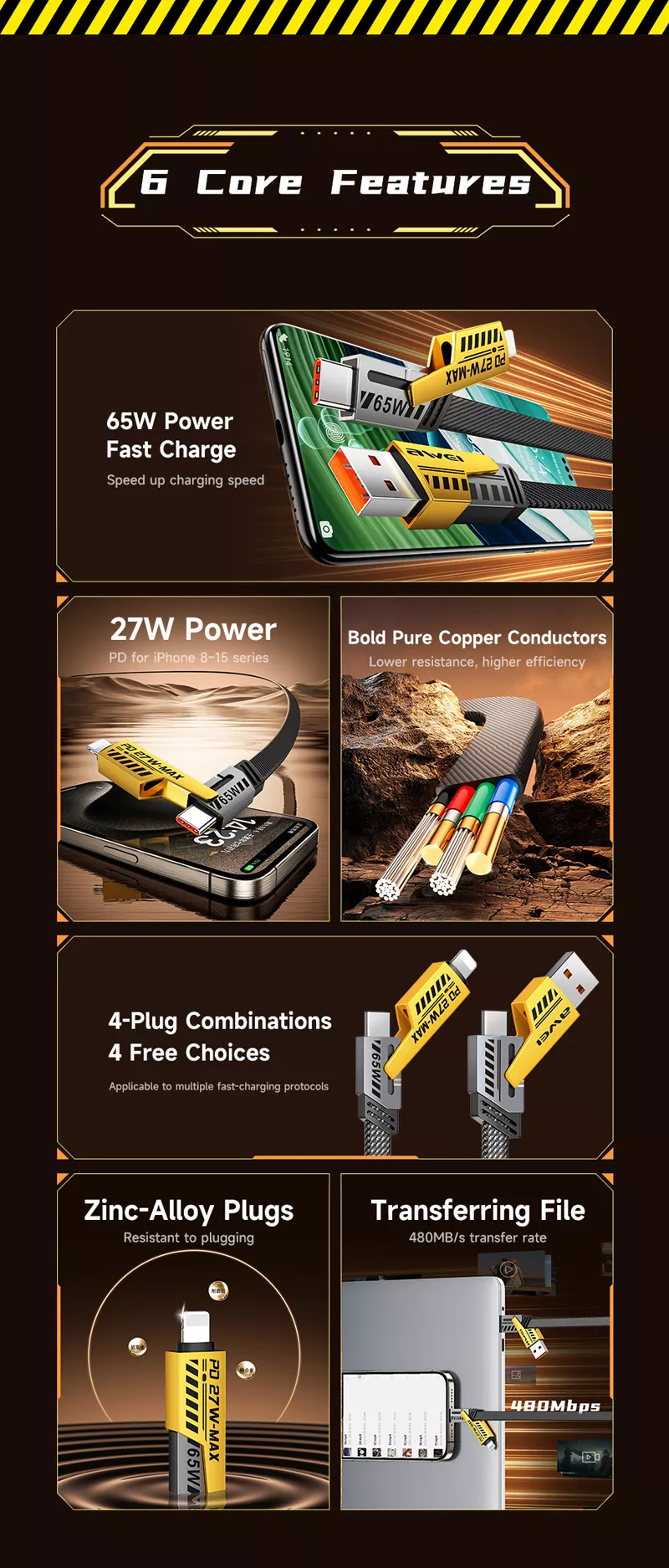 AWEI CL-226 4-in-1 65W Fast Charging Data Cable