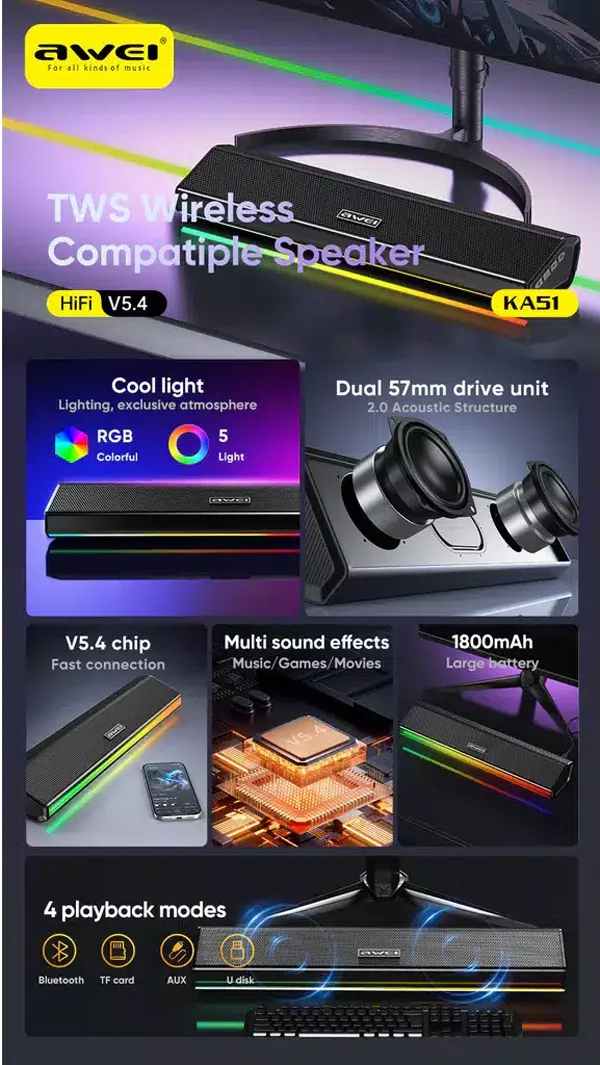 Awei KA51 12W Mini Soundbar Wireless Speaker