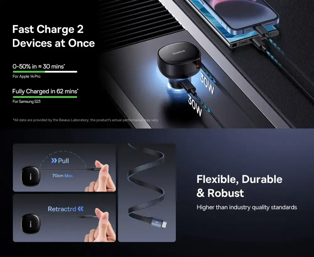 Baseus Enjoyment Pro Retractable USB C 60W Car Charger