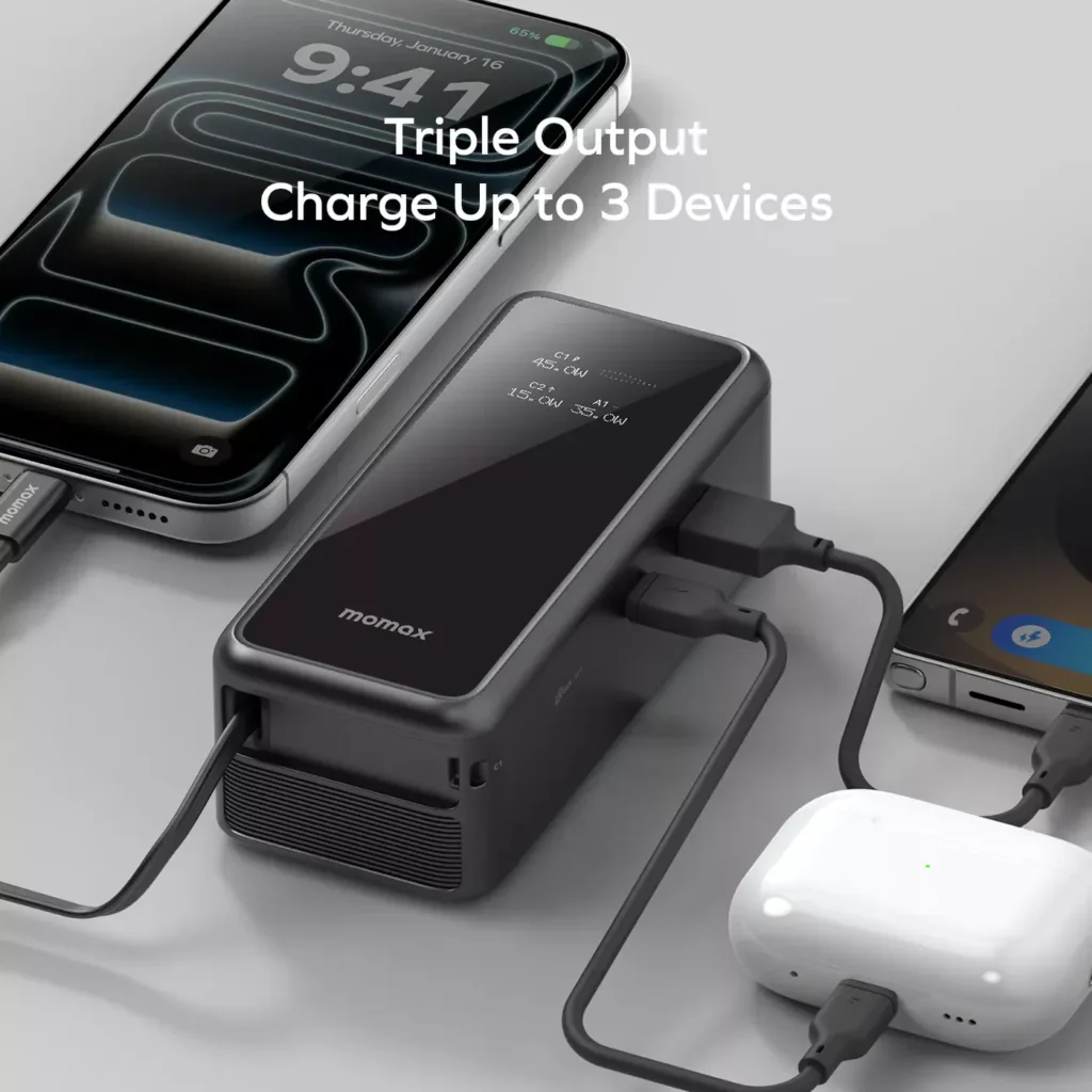 Momax 1-Pac+ 10000Mah 3-In-1 Hybrid Gan Battery Pack With Built-In Retractable Cable