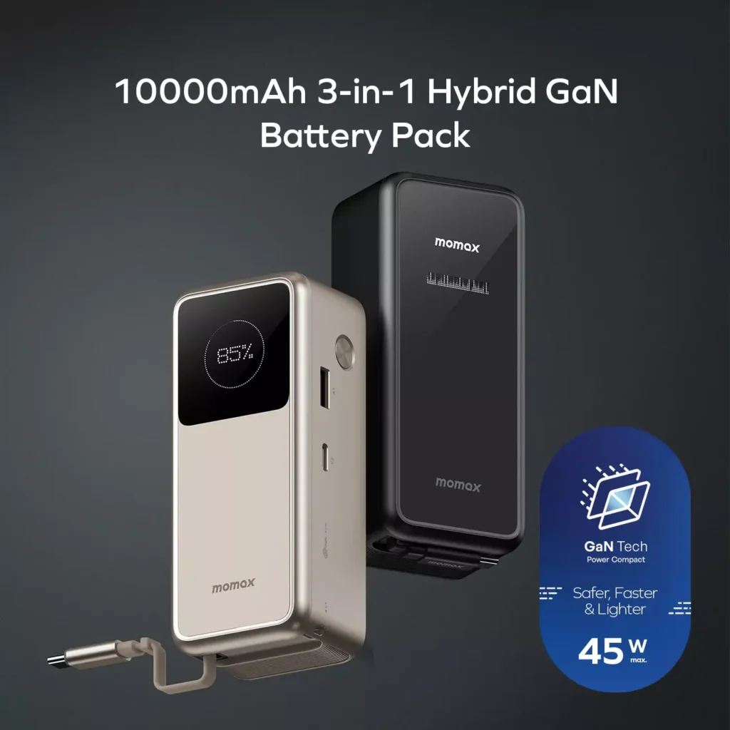 Momax 1-Pac+ 10000Mah 3-In-1 Hybrid Gan Battery Pack With Built-In Retractable Cable