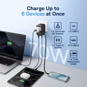 Baseus EnerCore CG11 70W GaN Universal Travel Adapter with Retractable Cable - Image 4