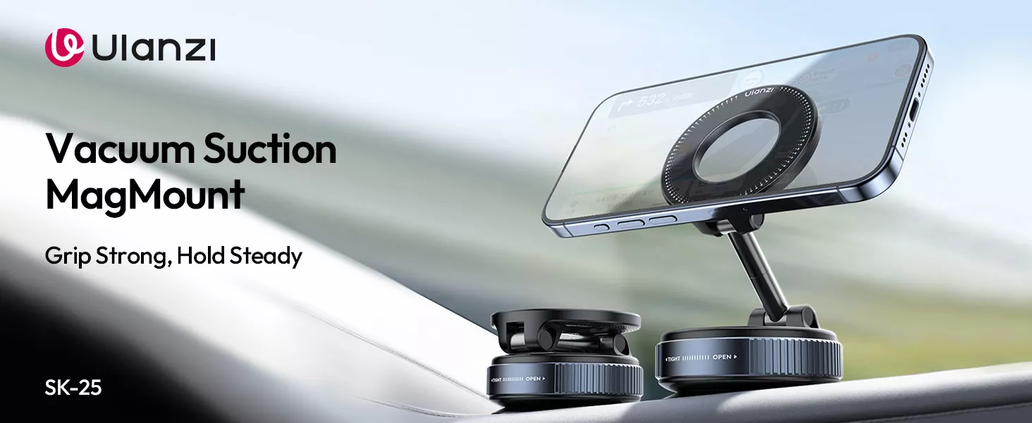 pecifications Brand: Ulanzi Model: SK-25 (S003) Suction Force: Up to 5kg (Holding) / 1kg (Recommended Load) Magnetic Force: ≥14N (N52 Magnets) Material: PC + ABS + TPU Dimensions: 60 x 60 x 40 mm Weight: ~90g (Ultra-lightweight) Included in Box: Vacuum Mount, Magnetic Ring, Adhesive Pad, Alcohol Wipe