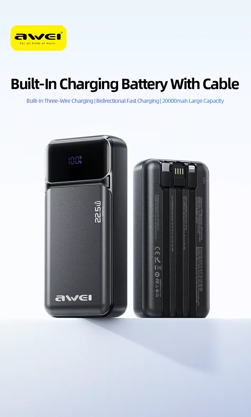 Awei PA‑93 20000mAh 22.5W Fast Charging Power Bank with Built‑in Dual Cables