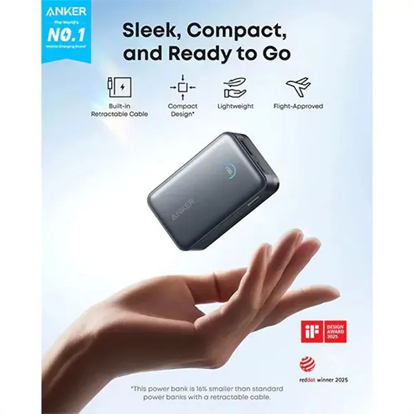 Anker Nano 10000mAh 45W Power Bank with Built-In Retractable USB-C Cable