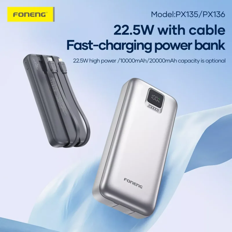 FONENG PX136 20000mAh 22.5W Power Bank with Built-In Cables