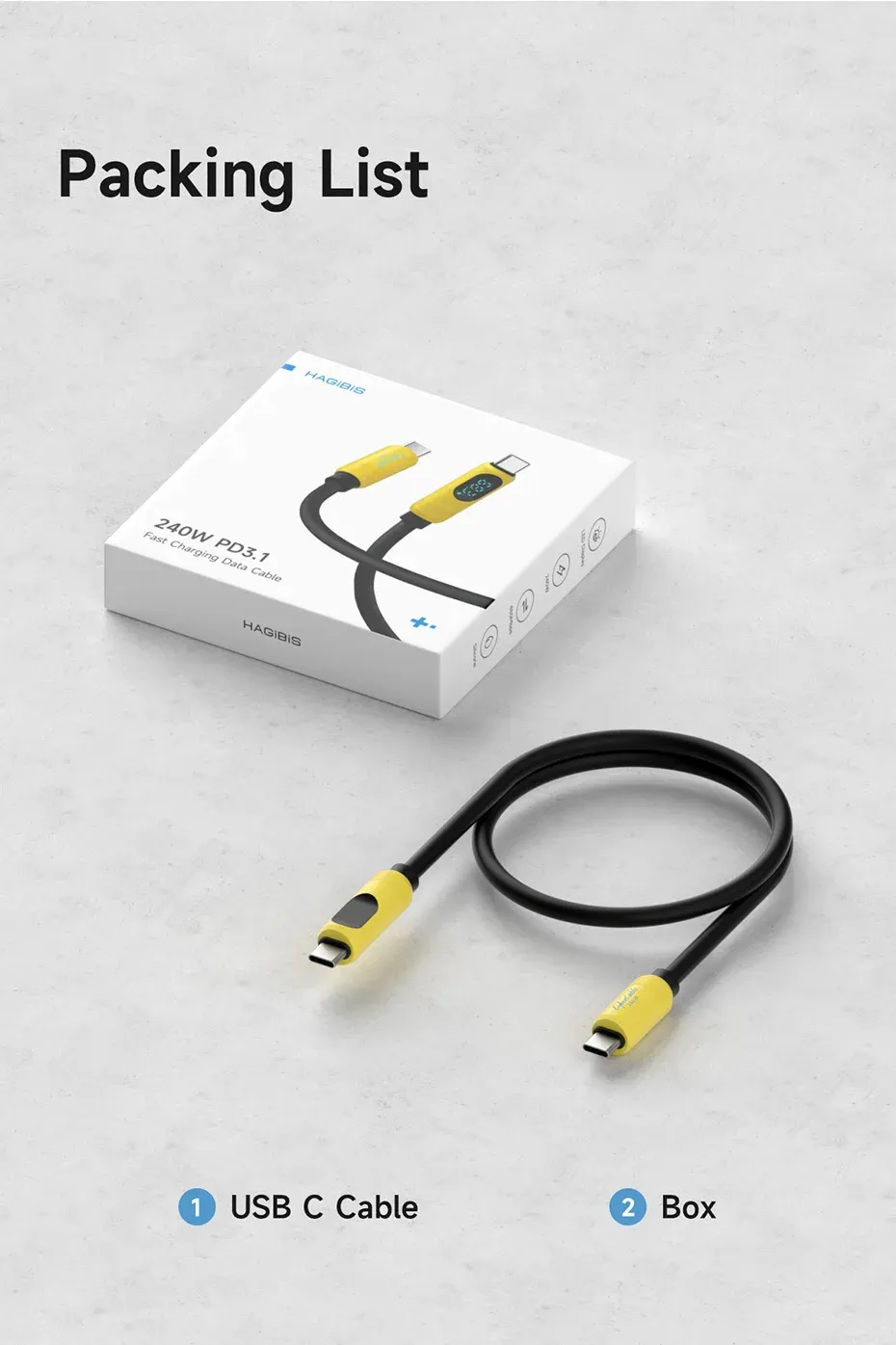 HAGiBiS USB C 240W Cable with LED Display Liquid Silicone