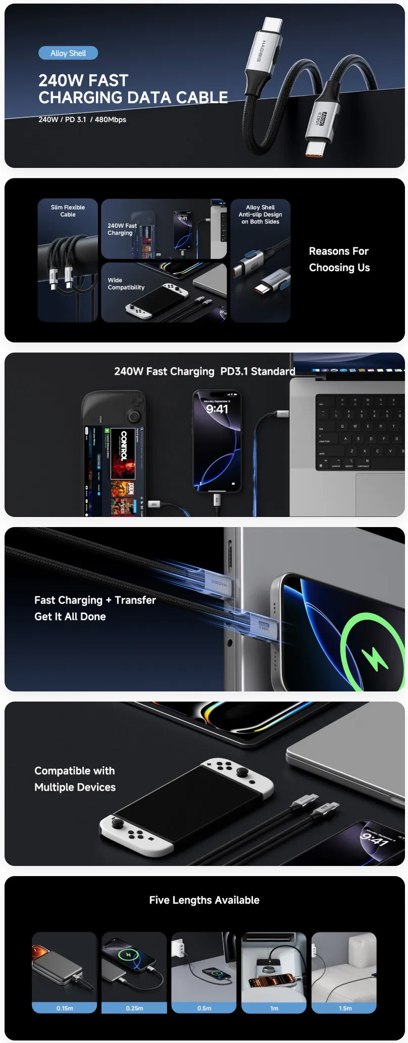 Hagibis TCC10 USB 3.1 Type-C 240W Fast Charging Cable 0.25m