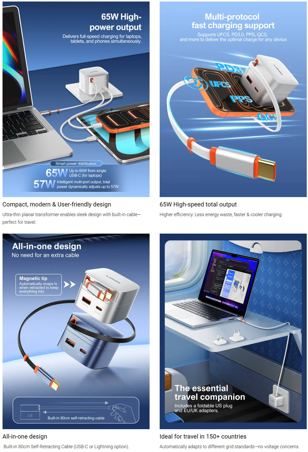 LDNIO Q10 65W GaN Fast Charger with 80cm Retractable Cable