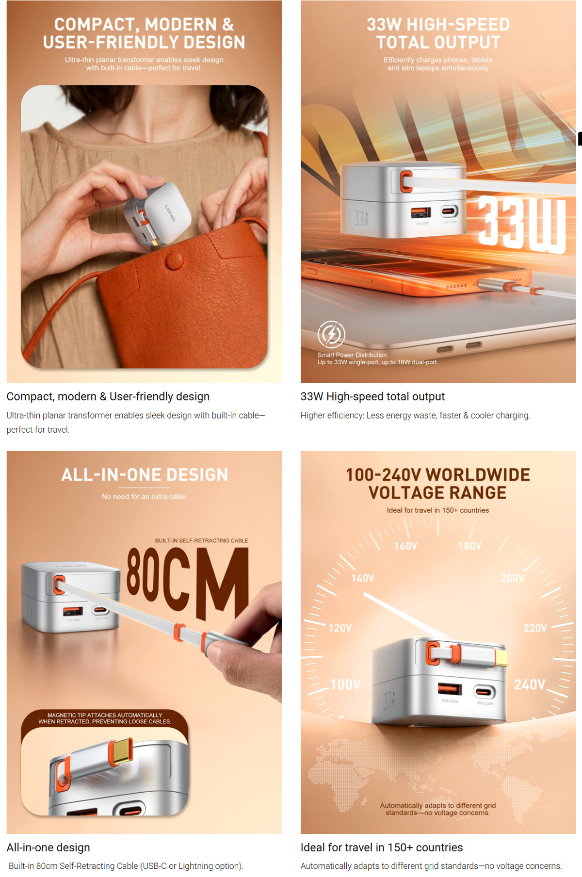 LDNIO Q9 33W Safe PD Fast Charger with Retractable Type-C Cable