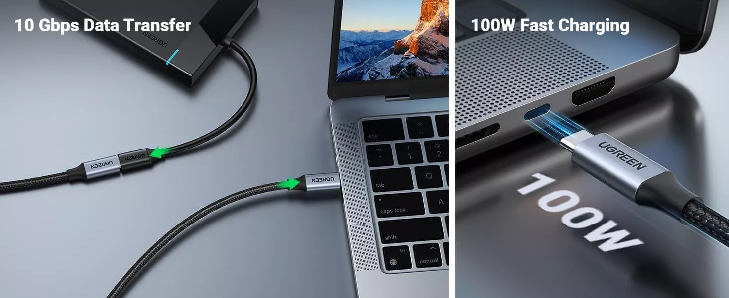 Specifications Model/SKU: 30205 (US372) Cable Length: 1 Meter Connectors: USB-C Male to USB-C Female Standard: USB 3.1 Gen 2 Data Transfer Rate: Up to 10Gbps Max Power Delivery: 100W (20V / 5A) Video Support: Up to 4K @ 60Hz (3840 × 2160) Materials: Aluminum Alloy Shell + Nylon Braid