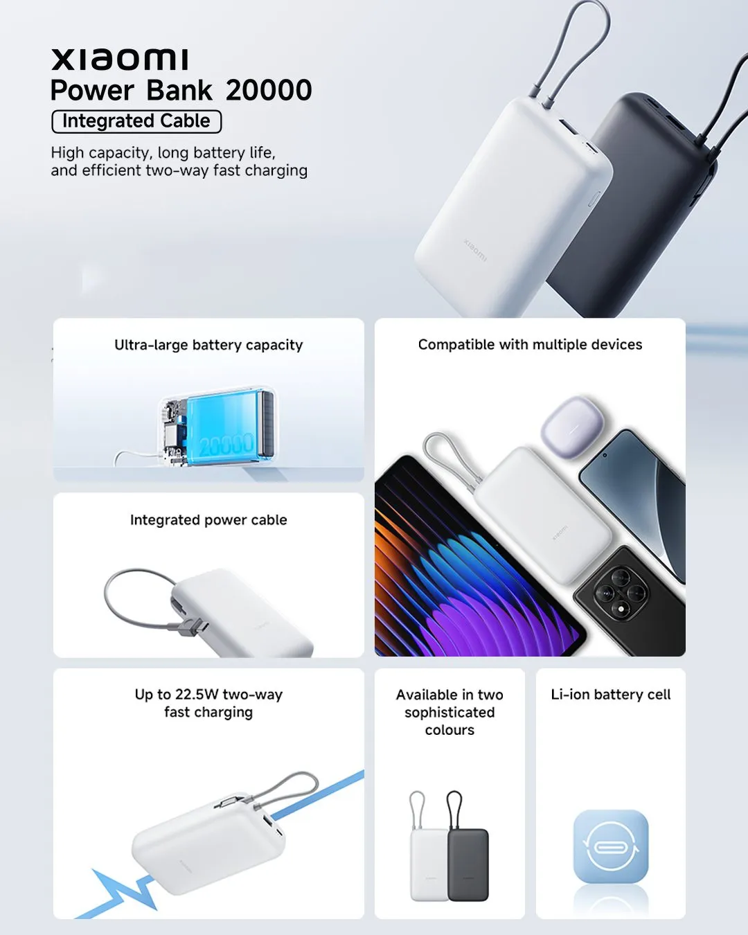 Xiaomi 20000mAh 22.5W Power Bank with Integrated Cable