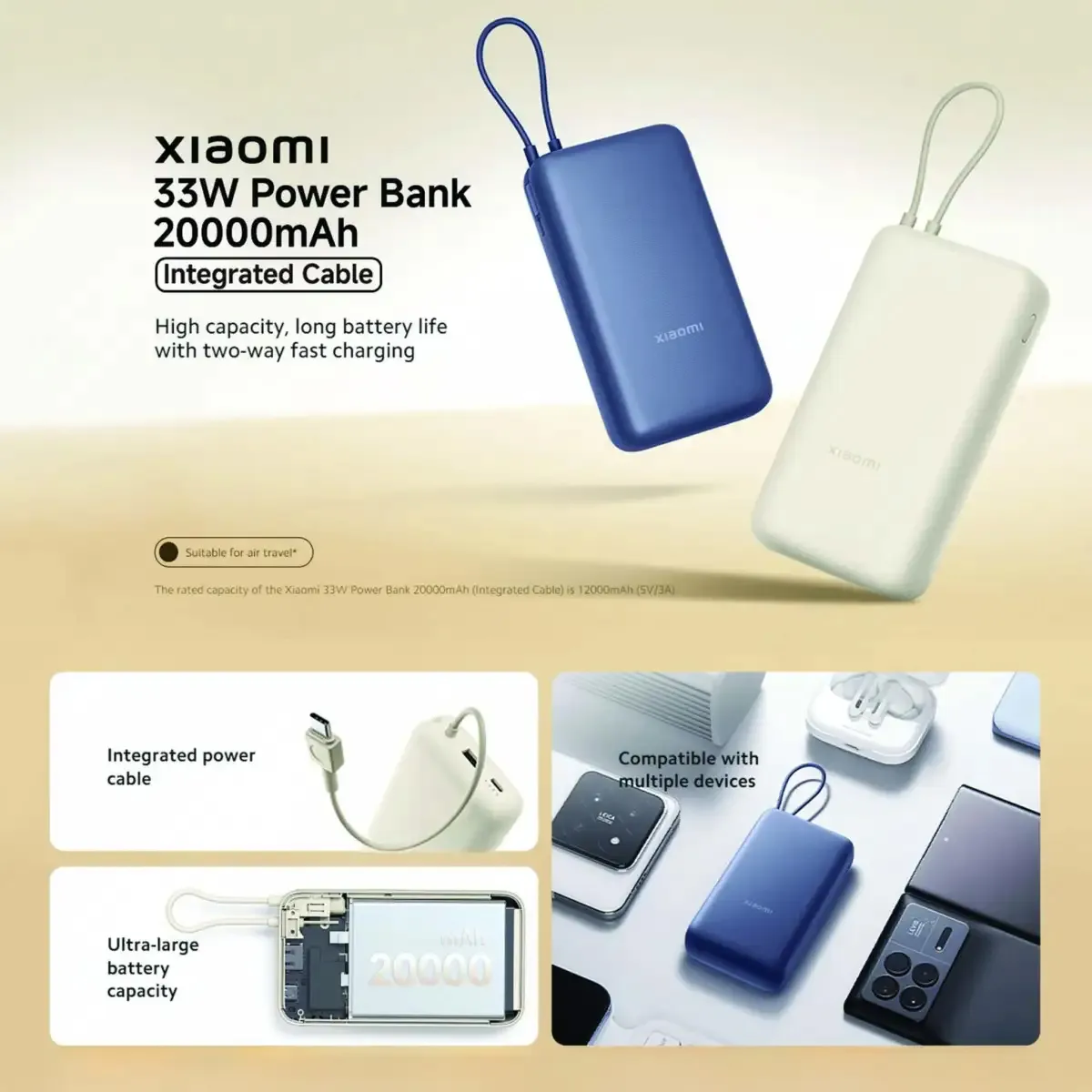 Xiaomi 20000mAh 33W Power Bank with Integrated Cable