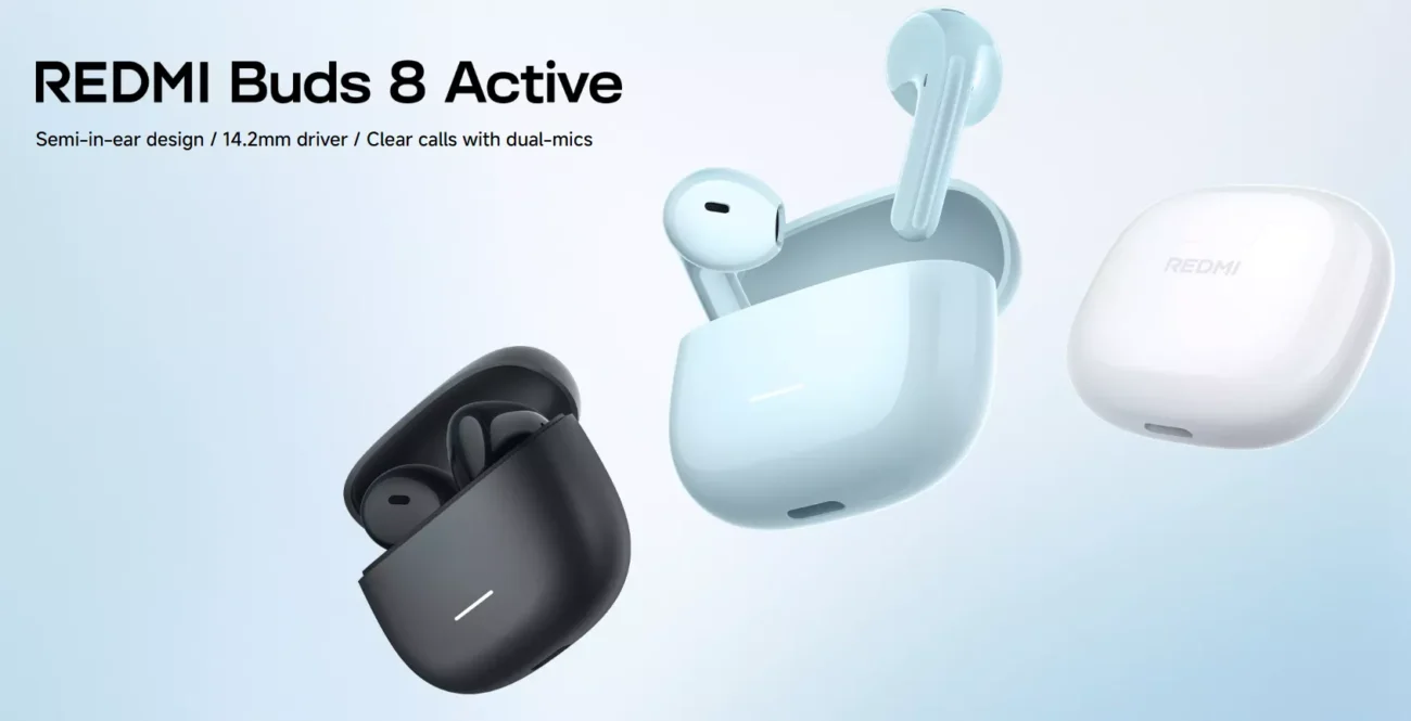 Specifications Brand / Model: Xiaomi Redmi Buds 8 Active (M2537E1) Form Factor: Semi-In-Ear / Open-Fit Wireless Earbuds Driver Size: 14.2 mm Titanium Diaphragm Drivers Impedance / Frequency Range: 32Ω / 20Hz – 20kHz Bluetooth Version: v5.4 (Supports BLE / HFP / A2DP / AVRCP) Audio Codec: AAC / SBC optimized (tested at 50% volume) Battery Capacity: * Per Earbud: 37mAh Charging Case: 475mAh Charging Interface: USB Type-C (Input: 5V⎓500mA) Weights: * Single Earbud: ~3.8g Charging Case: ~28g Total Weight: ~35.6g Dimensions (Case): 50 × 50 × 24.2 mm Color Options: Blue, Black, White