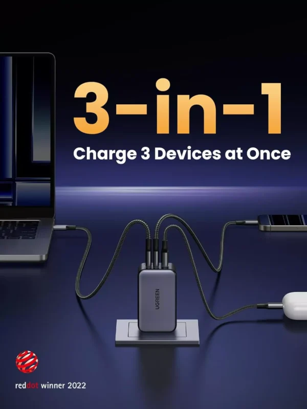 Specifications Model: CD244 Max Total Output: 65W Technology: Gallium Nitride (GaN) Ports: 2 × USB Type-C, 1 × USB Type-A Plug Type: Foldable Pins Design Feature: 50% smaller than standard 61W adapters