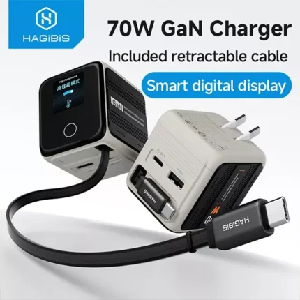 Hagibis 70W GaN USB-C Smart Display Charger with Retractable Cable