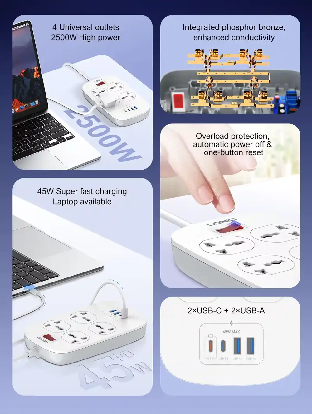 LDNIO SC4407C Universal Outlet 45W USB Power Strip